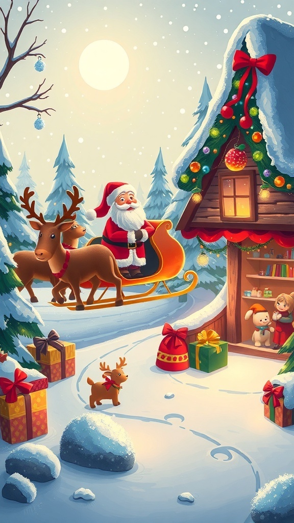 A festive North Pole scene with Santa, reindeer, and a snowy landscape decorated for Christmas.